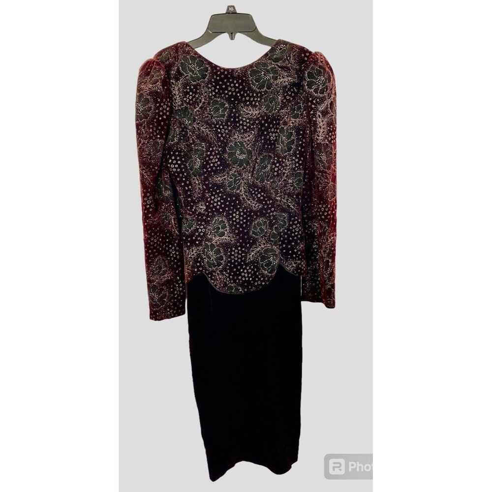 Vtg Scott McClintock Burgundy Velvet Gold Green glitter Long Puff Slv Midi Dress